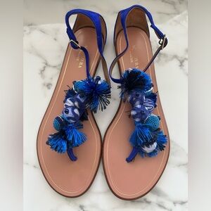 EXC Aquazzura Cobalt Blue Suede Tropicana Beaded Pom Pom T-strap Sandals 37.5